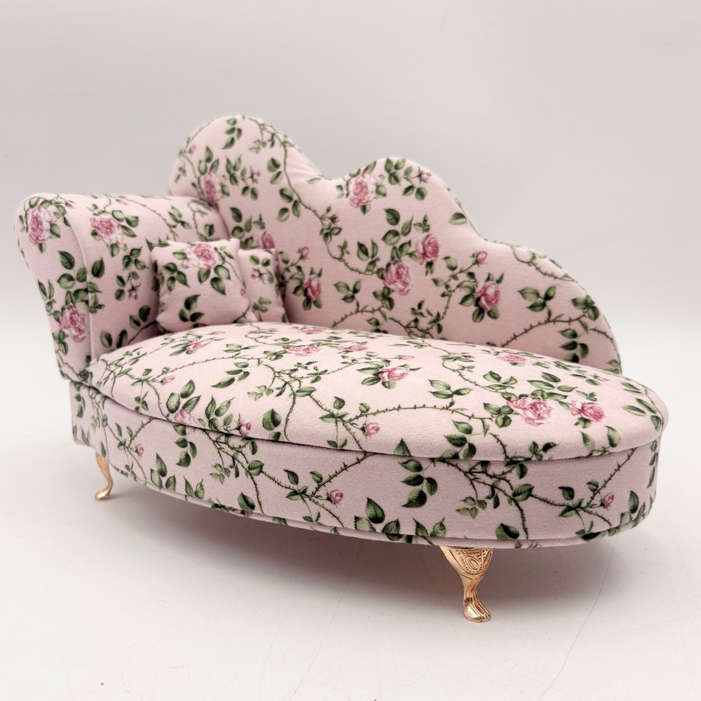 Pink Floral Rose Chaise Lounge Jewelry Box Miniature Sofa Mirror Ring Storage - Picture 3 of 10